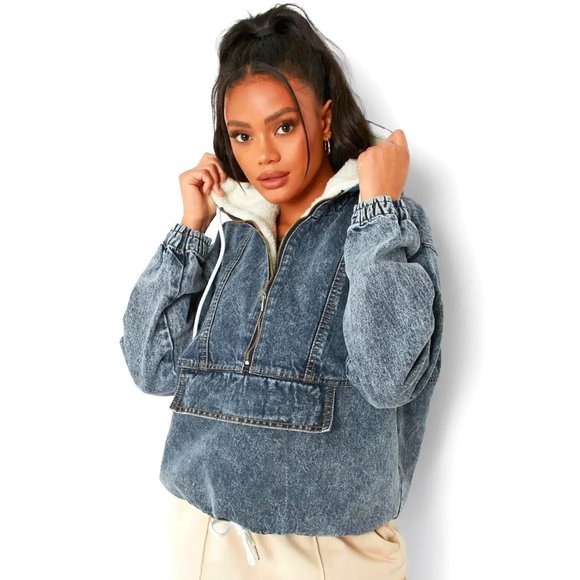 NWT Boohoo Oversized Denim Sherpa Sweatshirt Style Jacket Size 0 Petite - Picture 1 of 16